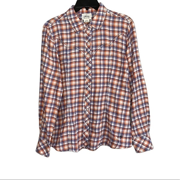 Ariat Blue Orange Plaid Embroidered Back Long Sleeve Button Down Shirt Size L - Picture 1 of 7
